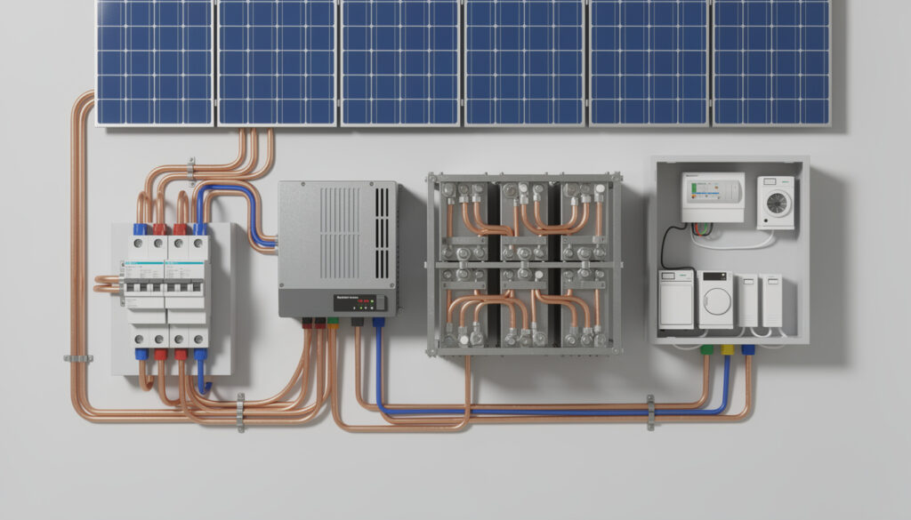 découvrez le schéma de câblage complet d'un onduleur hybride avec batterie, pour une installation efficace et sécurisée de votre système d'énergie renouvelable.